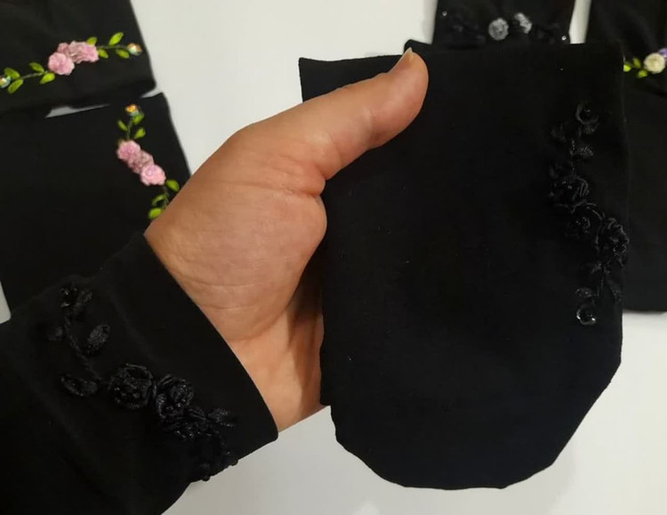 ست جوراب دوربع پنتی 120 و ساق دست رباندوزی 3 رنگ صورتی، بنفش و مشکی