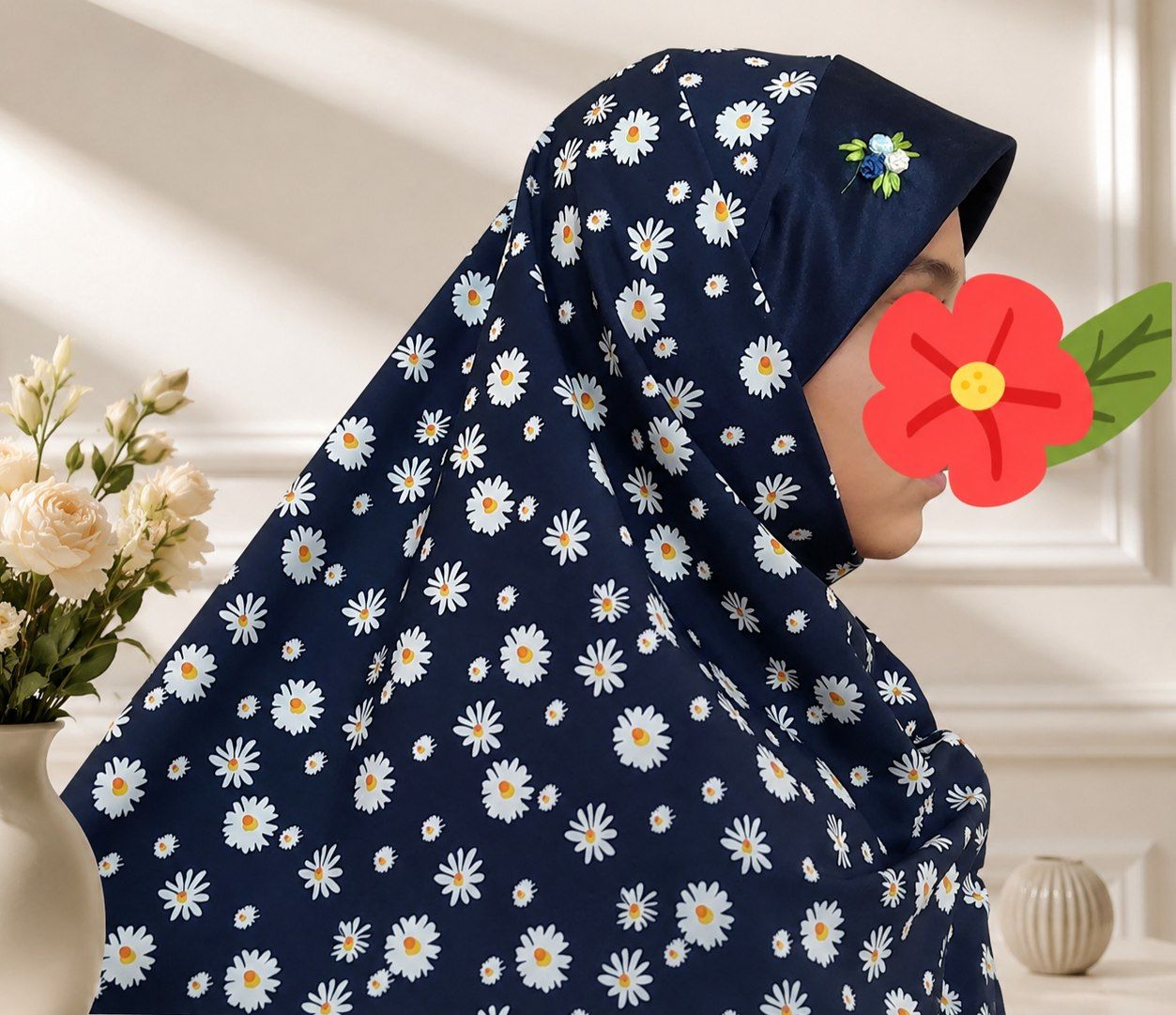 مقنعه دخترانه طرح گل بابونه زمینه سورمه ای مناسب 3 تا 8 سال