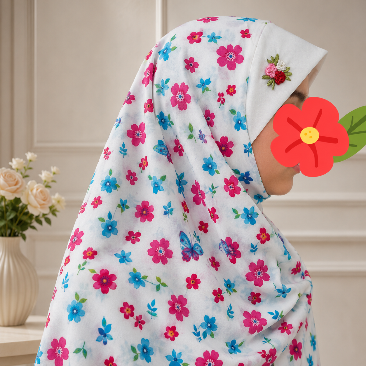 مقنعه دخترانه طرح گل و پروانه زمینه سفید مناسب 5 تا 12 سال